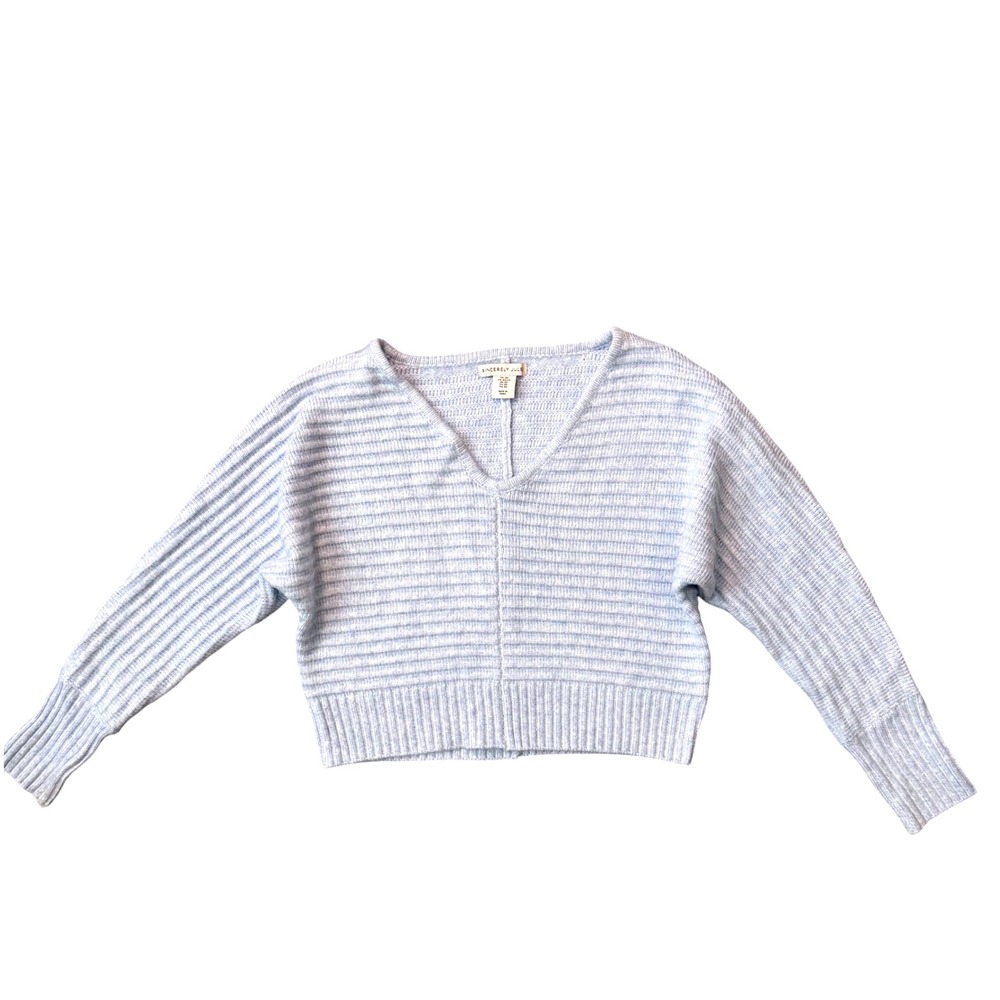 Sincerely Jules Light‎ Blue Striped V Neck Dolman Sleeve Cropped Sweater XS
